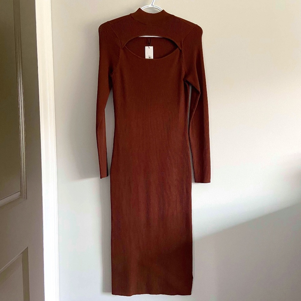 NWT FREE SHIPPING BROWN LONG SLEEVE MIDI SWEATER DRESS CUT OUT VISCOSE